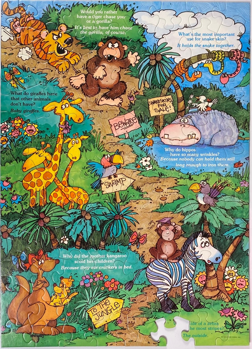 Cartoon illustration of jungle animals featuring various jokes and puns written in the scene.