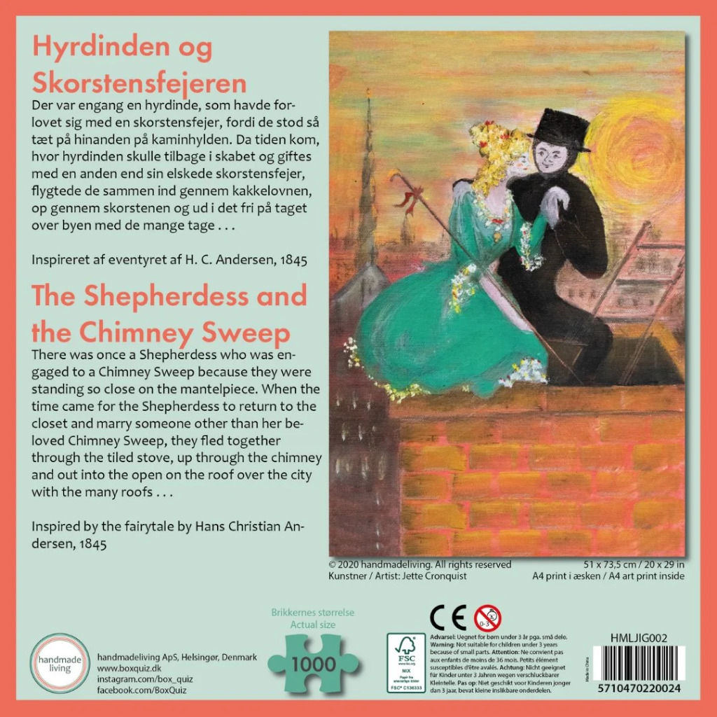 Shepherdess and Chimney Sweep dancing on a rooftop, inspired by Hans Christian Andersen.