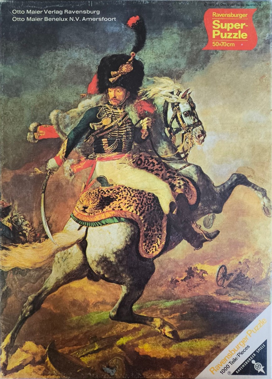 A classic painting of a Napoleonic-era cavalry officer on a rearing white horse amidst a battlefield.