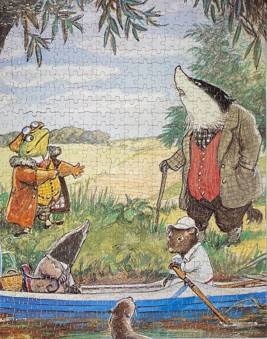 An E.H. Shepard illustration featuring Toad, Badger, Rat, and Otter from The Wind in the Willows.
