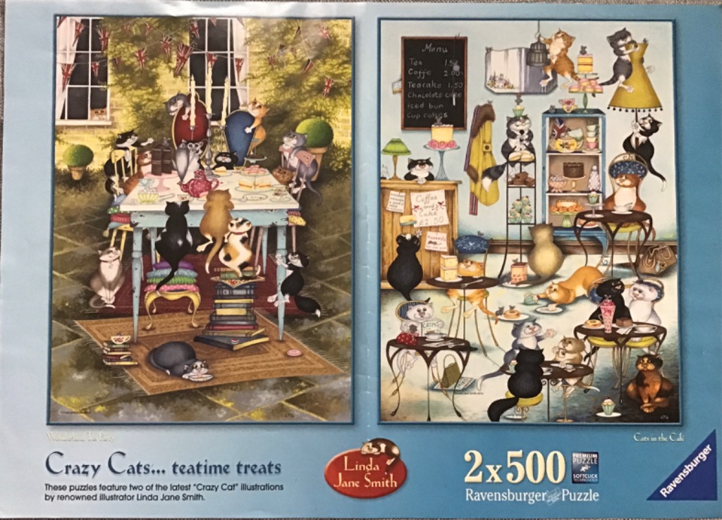 Two side-by-side scenes of whimsical cats at a tea party and in a cafe.