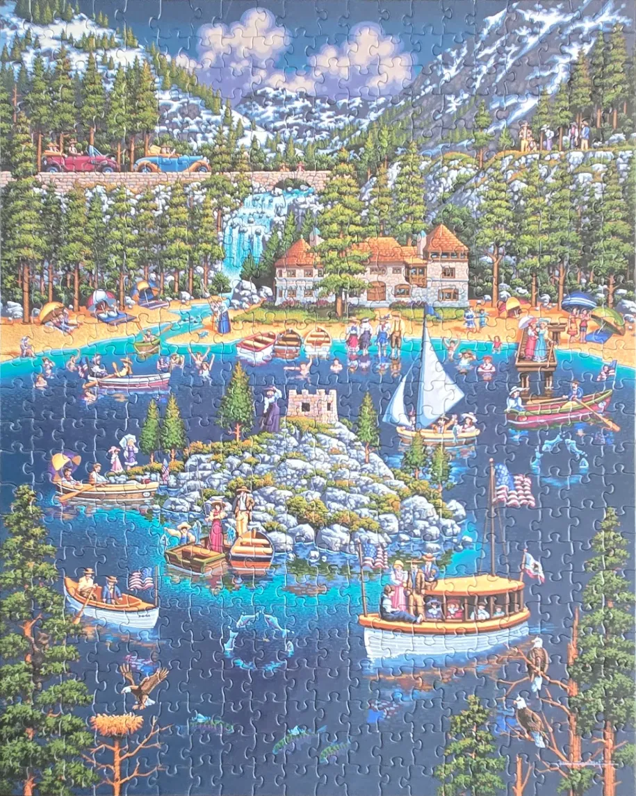 An illustration of a bustling lakeside scene with a stone mansion, a small rocky island, and numerous boats on the water.