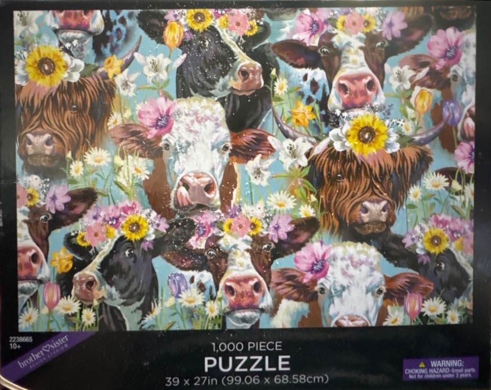 An illustration of several cows wearing flower crowns against a light blue background.