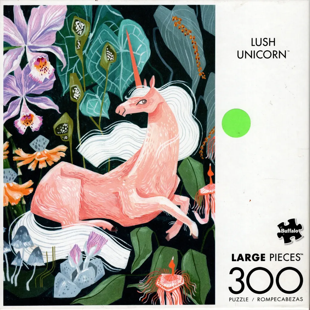 A stylized illustration of a pale pink unicorn amidst lush tropical flowers and dark foliage.