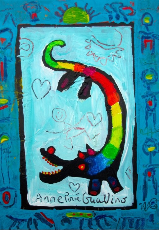 A vibrant, child-like painting of a rainbow-colored creature surrounded by blue symbols and figures.