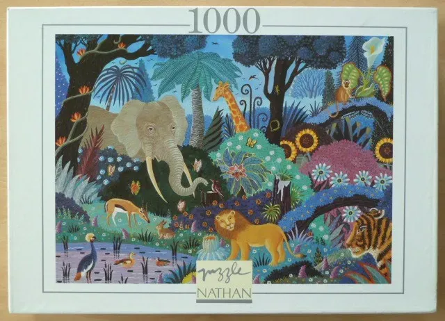 Folk art style illustration of diverse wild animals including an elephant, giraffe, lion, and tiger in a lush jungle.