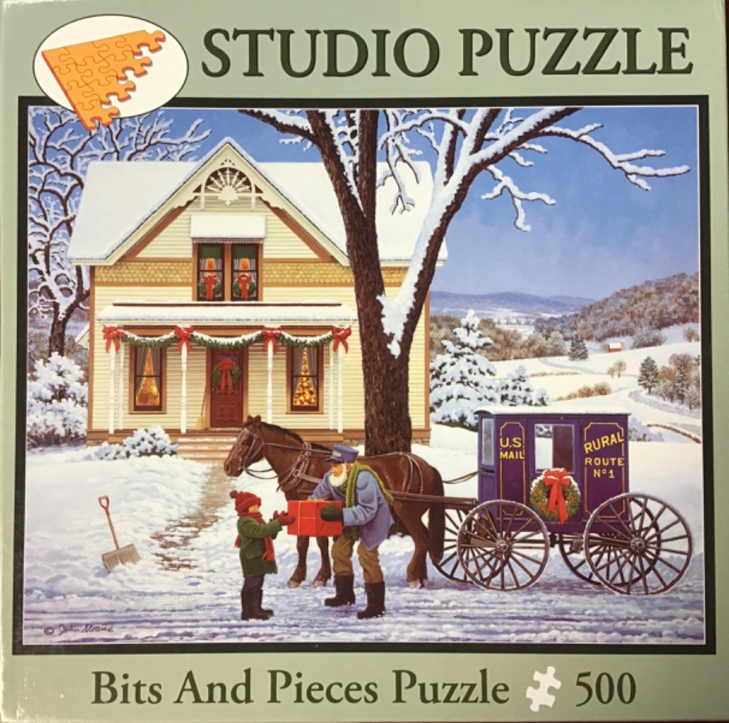 An illustration of a rural postman handing a gift to a child in front of a snowy house and horse-drawn mail carriage.
