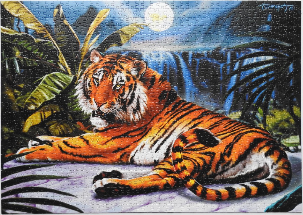 A majestic tiger resting in a lush, moonlit jungle setting.