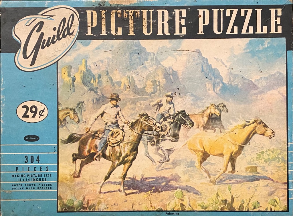 Painting of two cowboys herding horses across a desert landscape with mountains in the background.