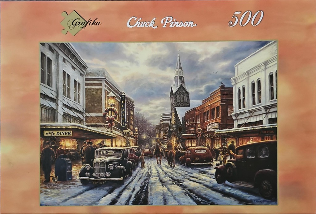 A nostalgic painting of a small town street in winter at twilight, featuring vintage cars and a theater.