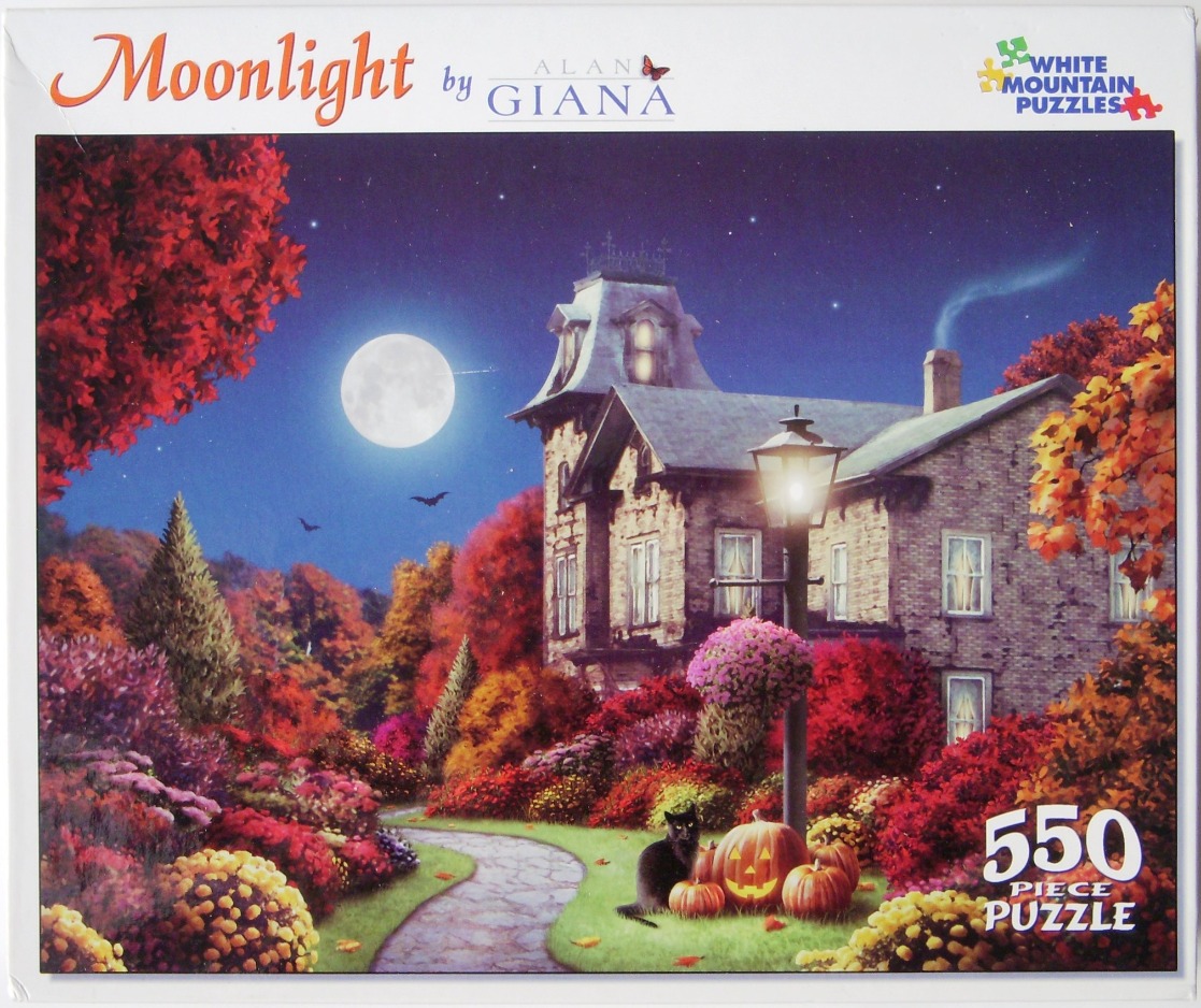 A spooky Victorian house at night with autumn trees, a glowing jack-o'-lantern, and a black cat.