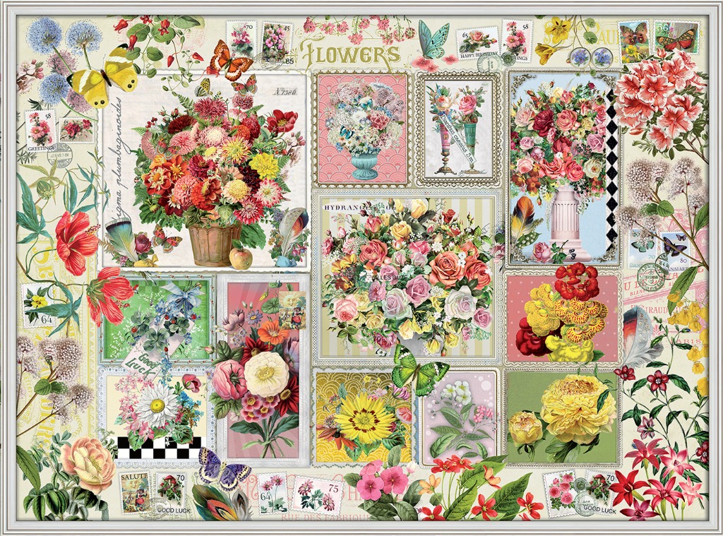 A collage of vintage-style floral illustrations, butterflies, and postage stamps arranged on a cream-colored background.