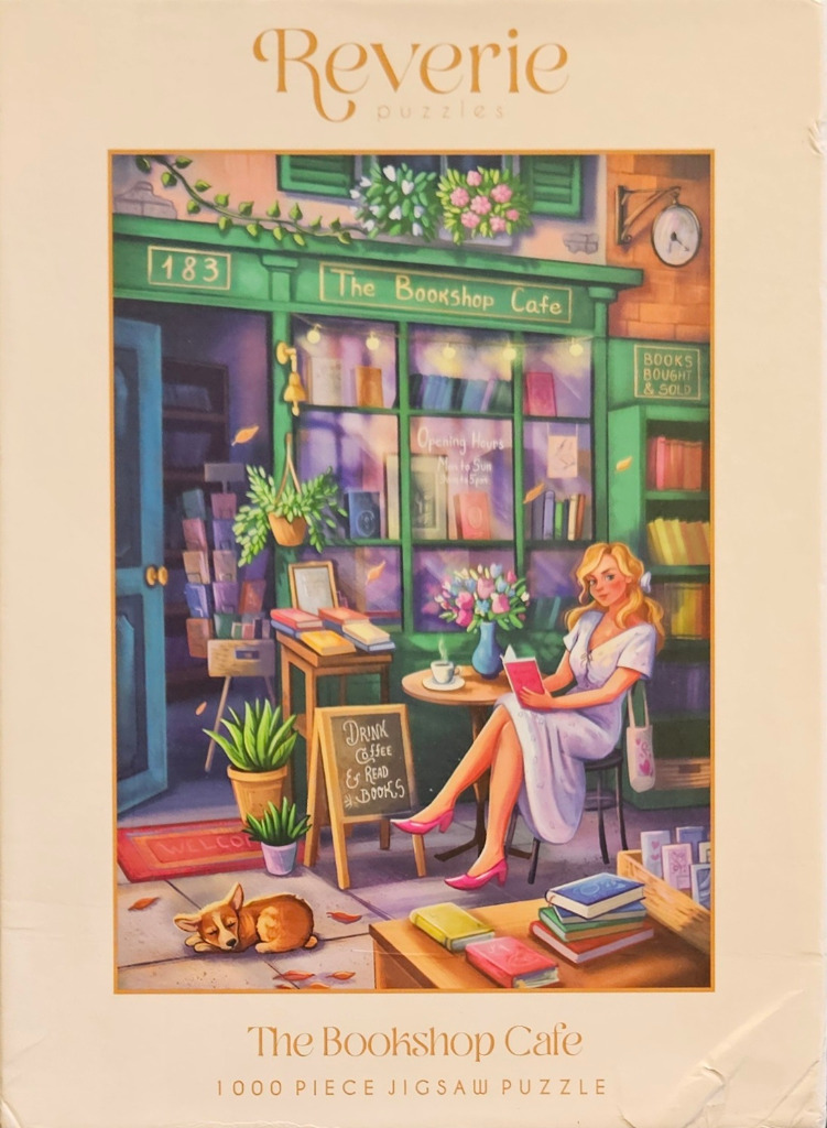 Illustration of a woman reading outside a green bookshop cafe with a corgi sleeping on the pavement.
