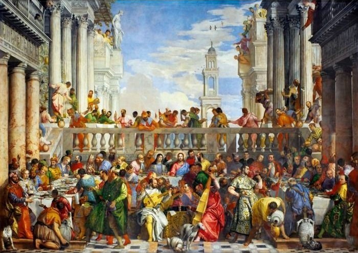 A sprawling, busy Renaissance-style banquet scene featuring many figures in period clothing, architecture, and music.