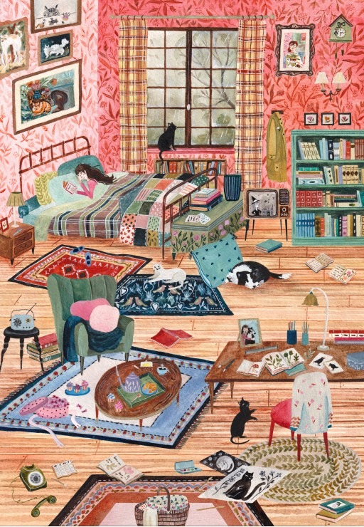A cozy, cluttered room featuring a girl reading in bed, multiple cats, books, and colorful decor.