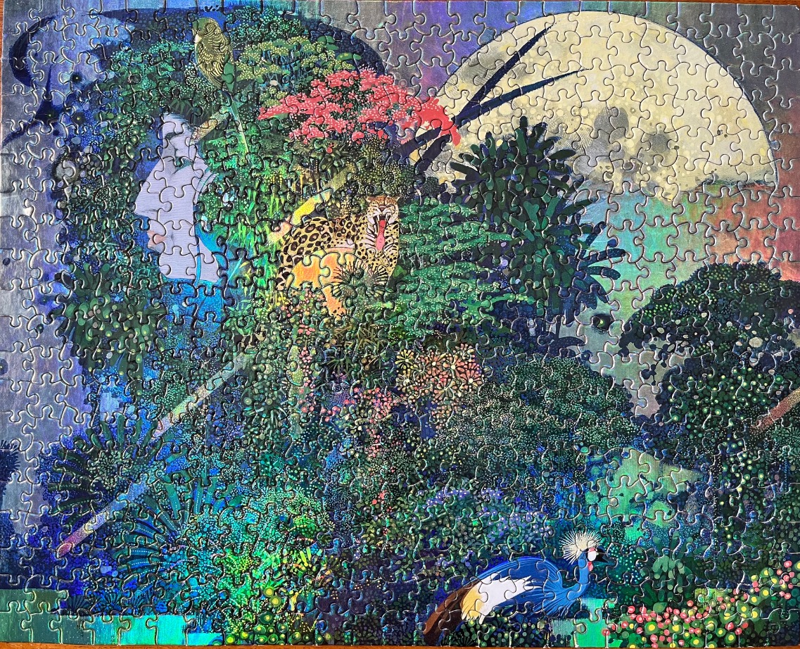 A surreal jungle scene featuring a leopard, a crowned crane, and a silhouette profile against a large full moon.