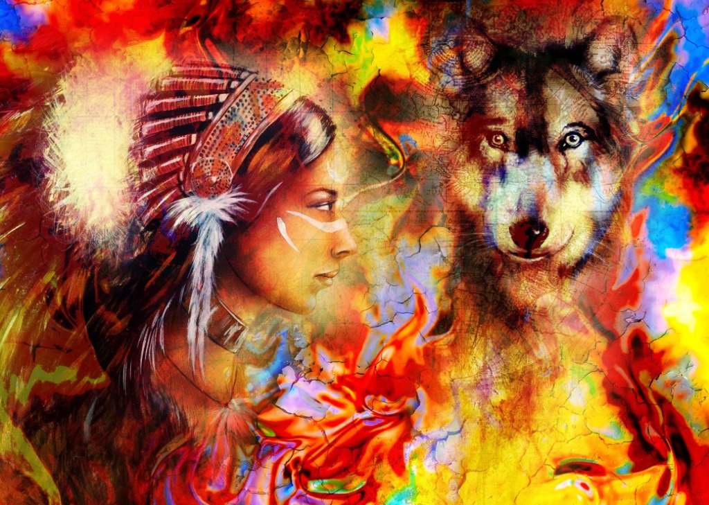 An ethereal, colorful double-exposure style image of a woman in a traditional feather headdress facing a wolf.