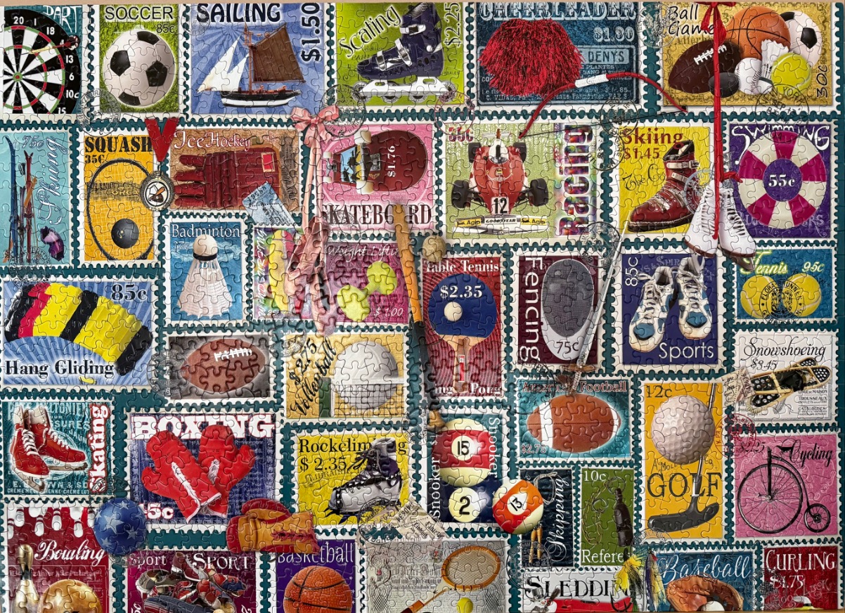 A collage of vintage-style postage stamps featuring various sports equipment and activities.