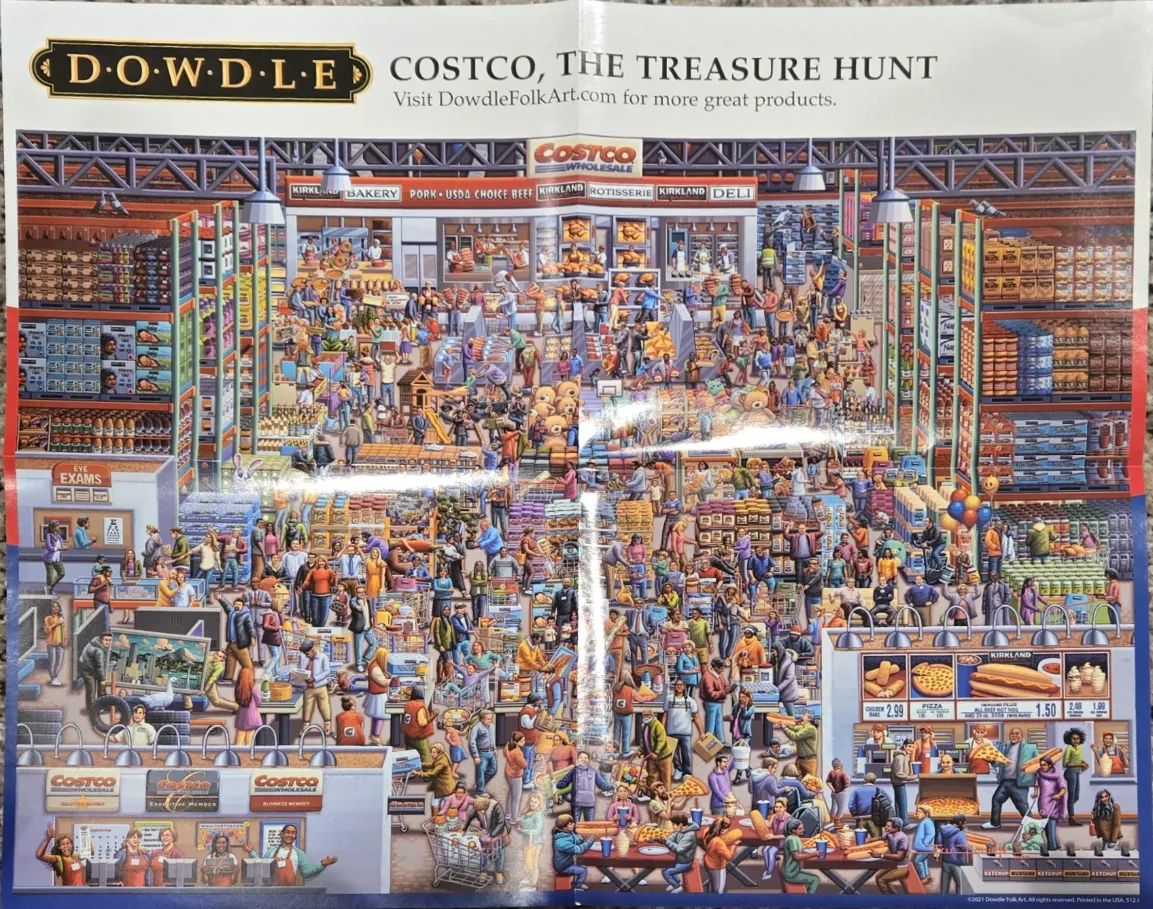 A busy folk-art style illustration of a large wholesale warehouse club filled with shoppers and merchandise.
