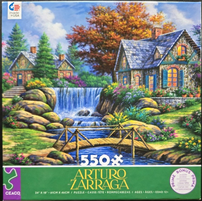 A scenic painting of a stone cottage by a waterfall with a wooden bridge in the foreground.