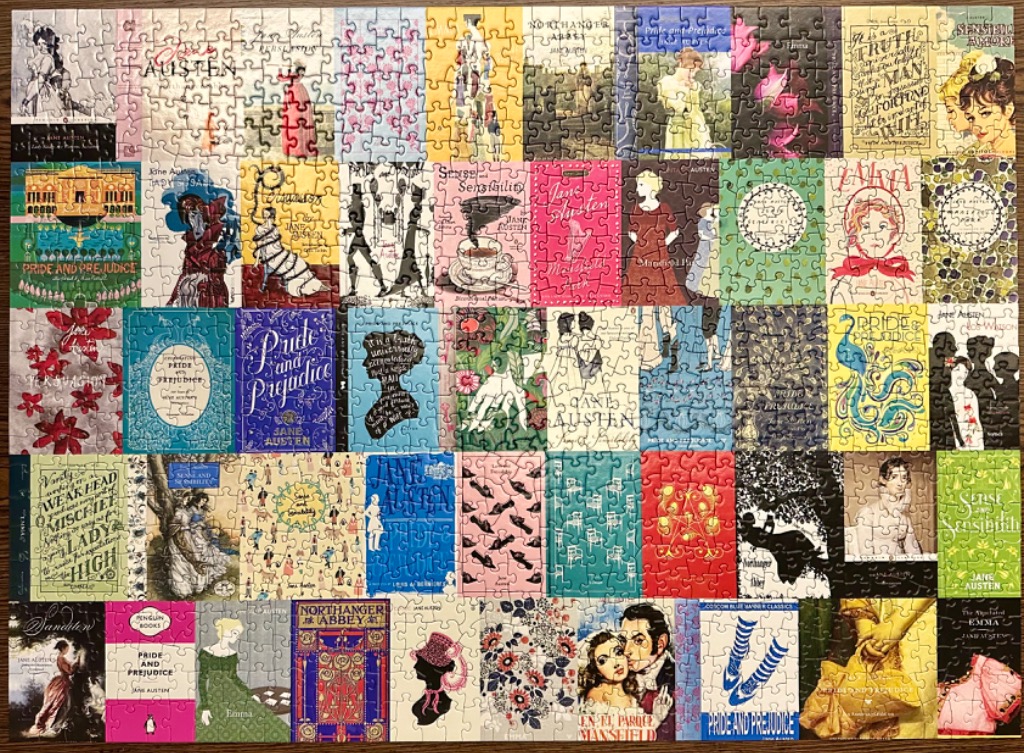 A collage of various book cover illustrations featuring Jane Austen novels and thematic Regency-era imagery.