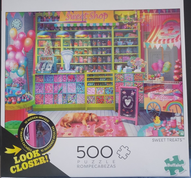 A colorful, whimsical illustration of the interior of a candy shop with shelves full of sweets and a sleeping golden dog.