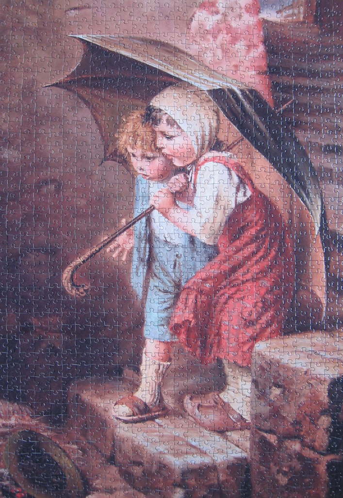 A vintage-style illustration of two children huddled together under a large umbrella on stone steps.
