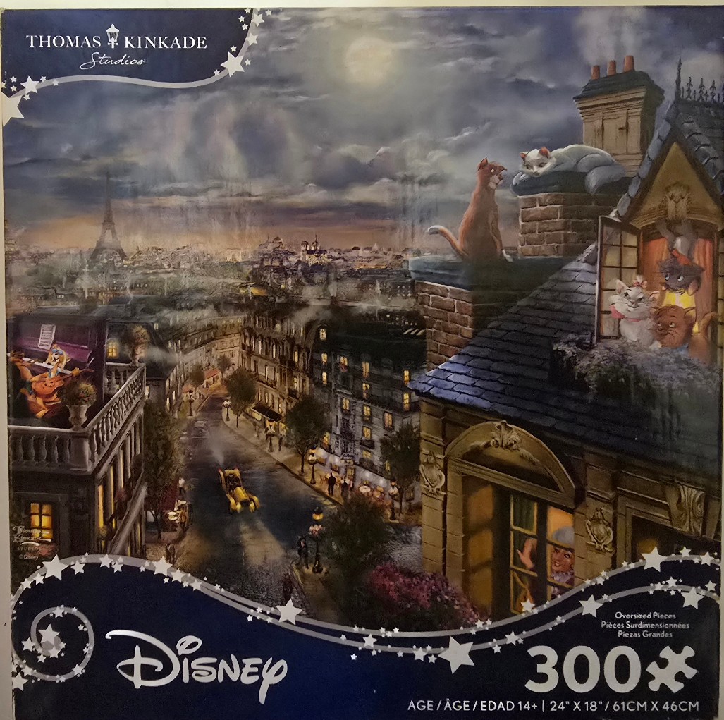 Parisian rooftop scene at night featuring cats from The Aristocats, including Duchess, Thomas O