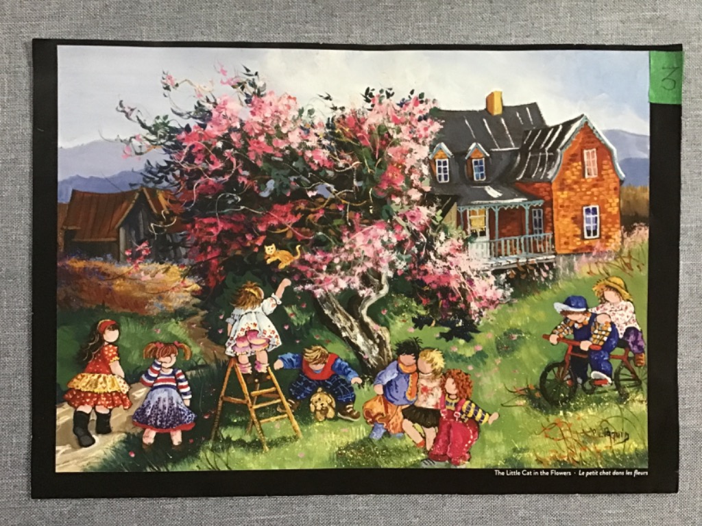 A group of children play in a garden by a blooming cherry tree and a rustic house.