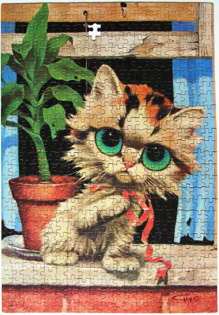 A whimsical illustration of a fluffy, big-eyed kitten sitting on a windowsill next to a potted plant.