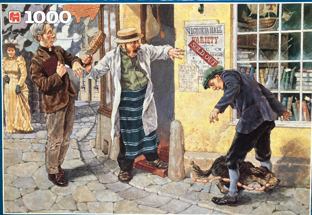 Illustration of a butcher chasing a young boy who has stolen a string of sausages while a clergyman looks on.