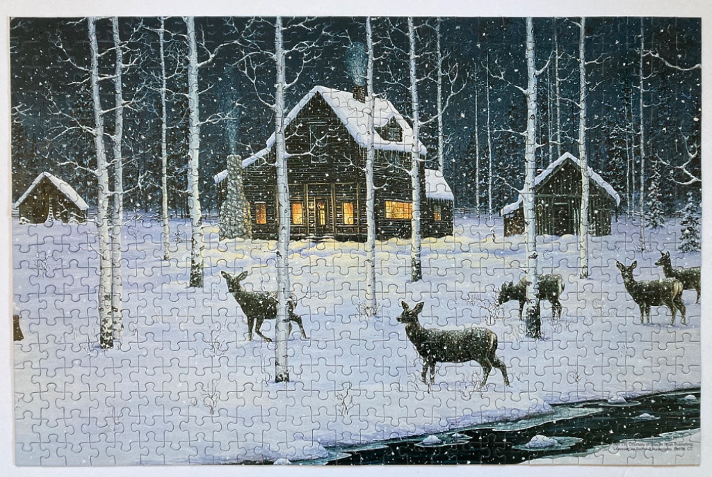 A wintry scene featuring a cozy wooden cabin surrounded by aspen trees, deer in the snow, and a dark creek.