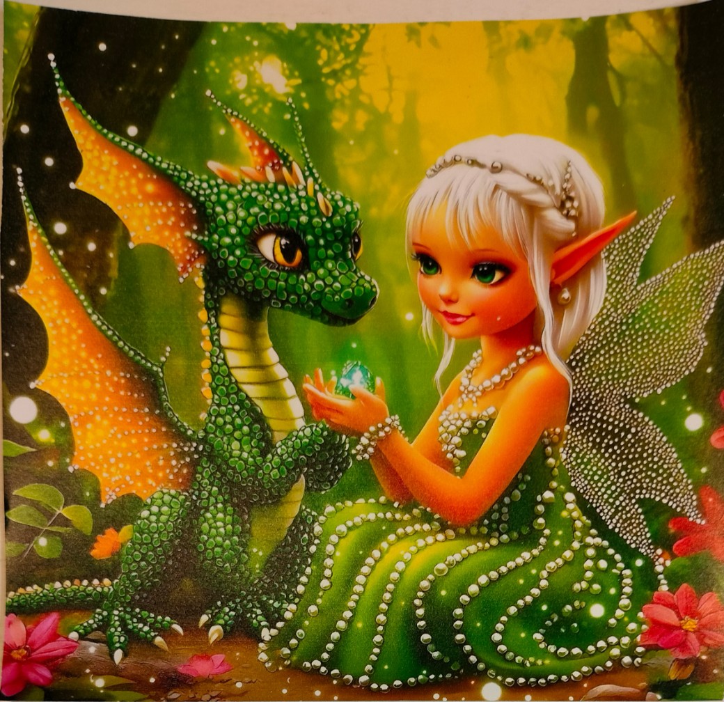 A fairy with white hair and a green dress sitting with a small, green dragon in a magical forest.