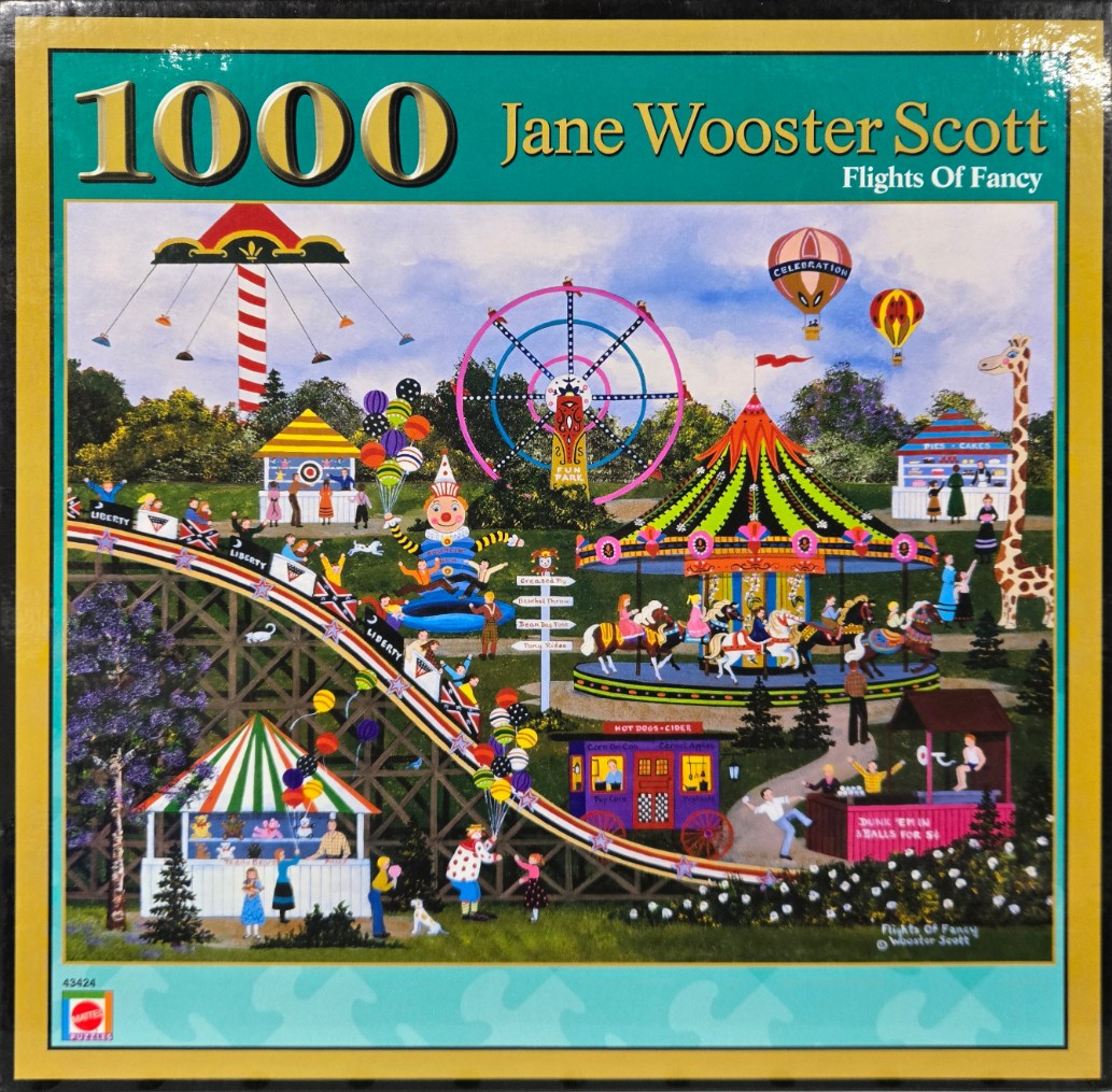 Folk art painting of a colorful carnival scene with a rollercoaster, carousel, ferris wheel, and hot air balloons.