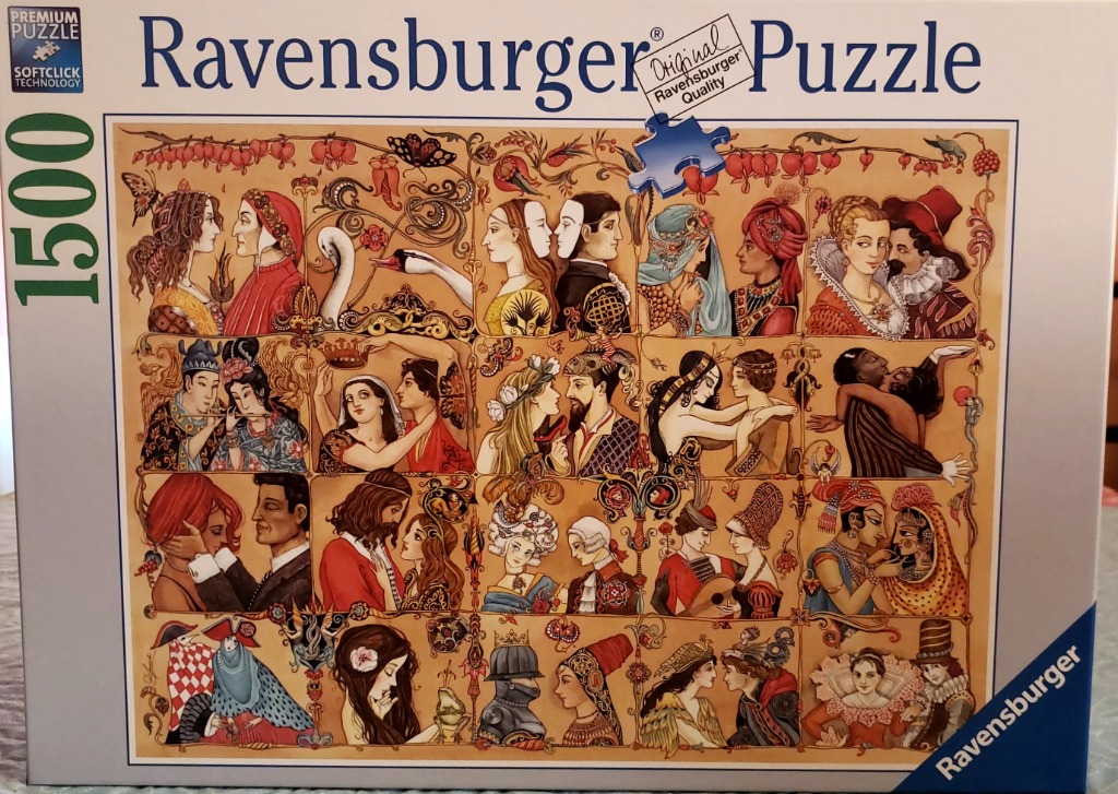 An illustration featuring a grid of various historical and romantic couples in an intricate, warm-toned art style.