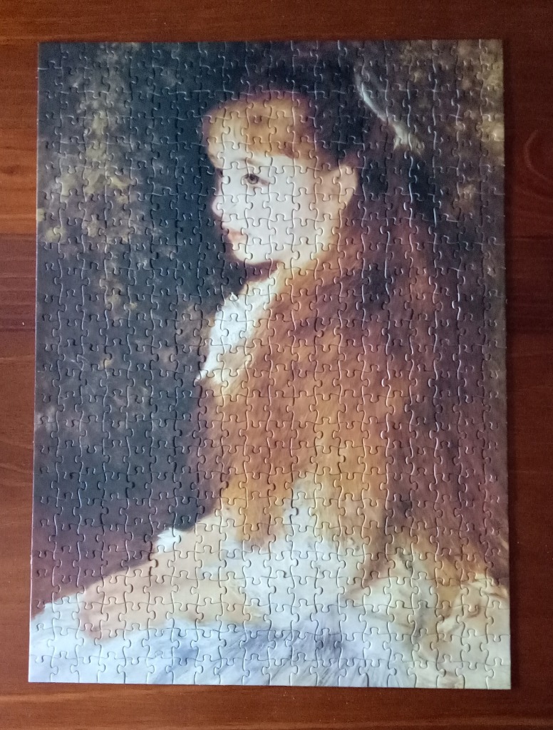 Classic oil painting portrait of a young girl with long reddish-brown hair in profile.