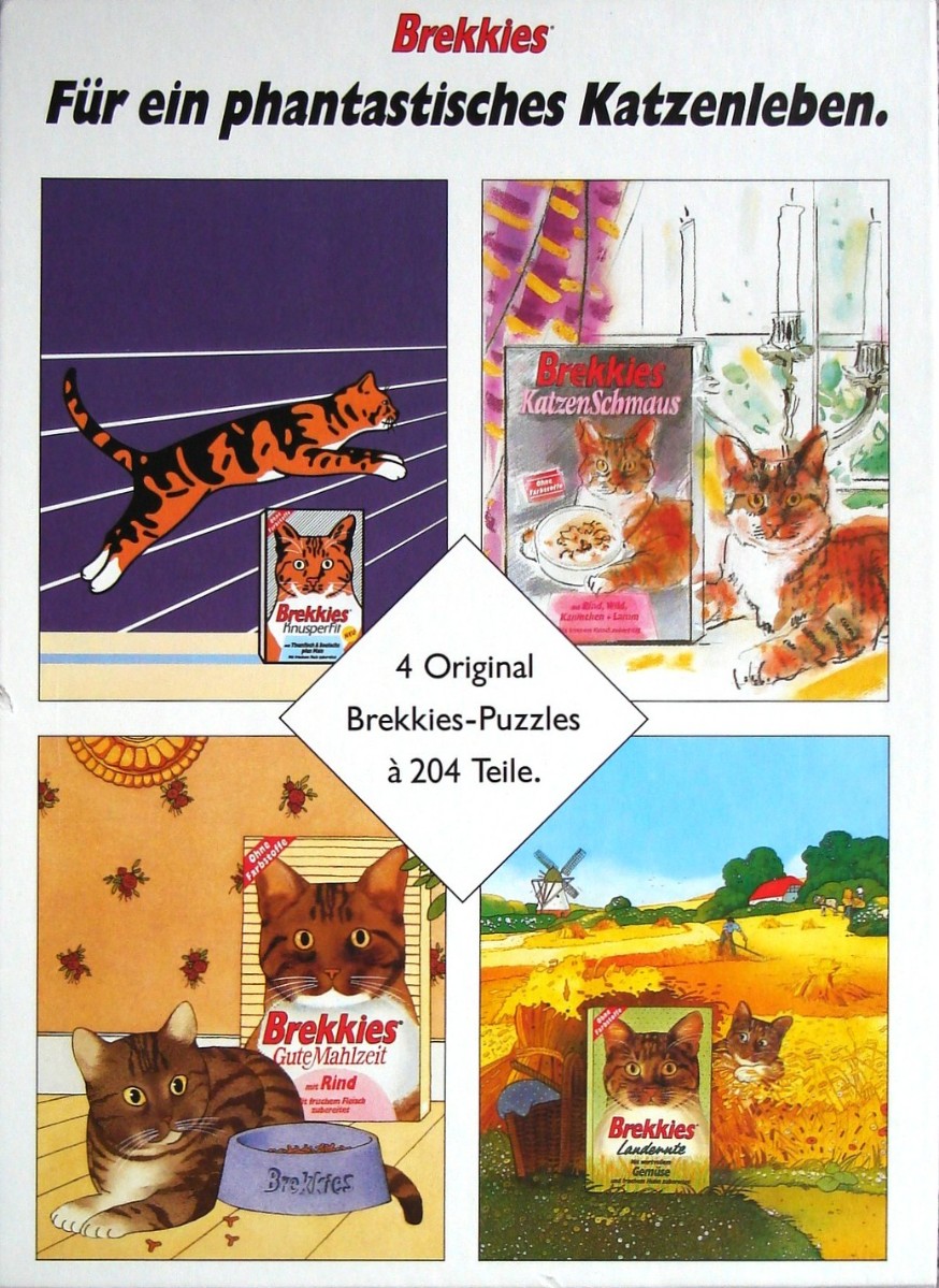 Collage of four distinct artistic scenes featuring cats and food packaging