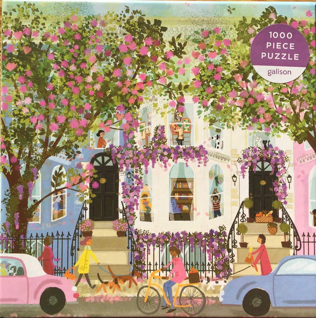 An illustration of a charming city street with flowering trees, townhouses, and people walking their dogs.
