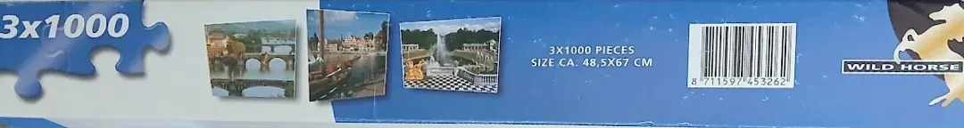 Three scenic photographs featuring a stone bridge, a riverside scene, and a fountain in a garden.