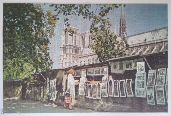 A woman browsing a riverside book stall in Paris with Notre Dame Cathedral in the background.