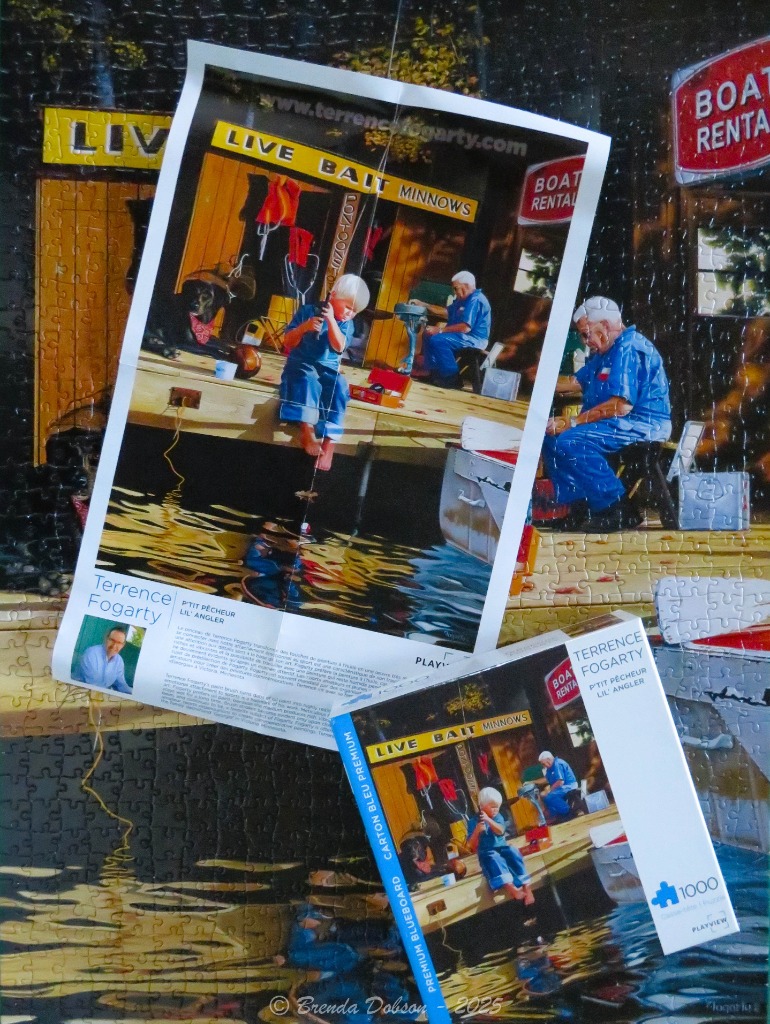 A scene of a young boy and an older man fishing from a wooden dock in front of a bait shop.