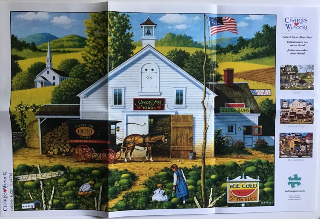A rural farm scene with a white barn, horse-drawn carriage, and a watermelon patch under a bright blue sky.