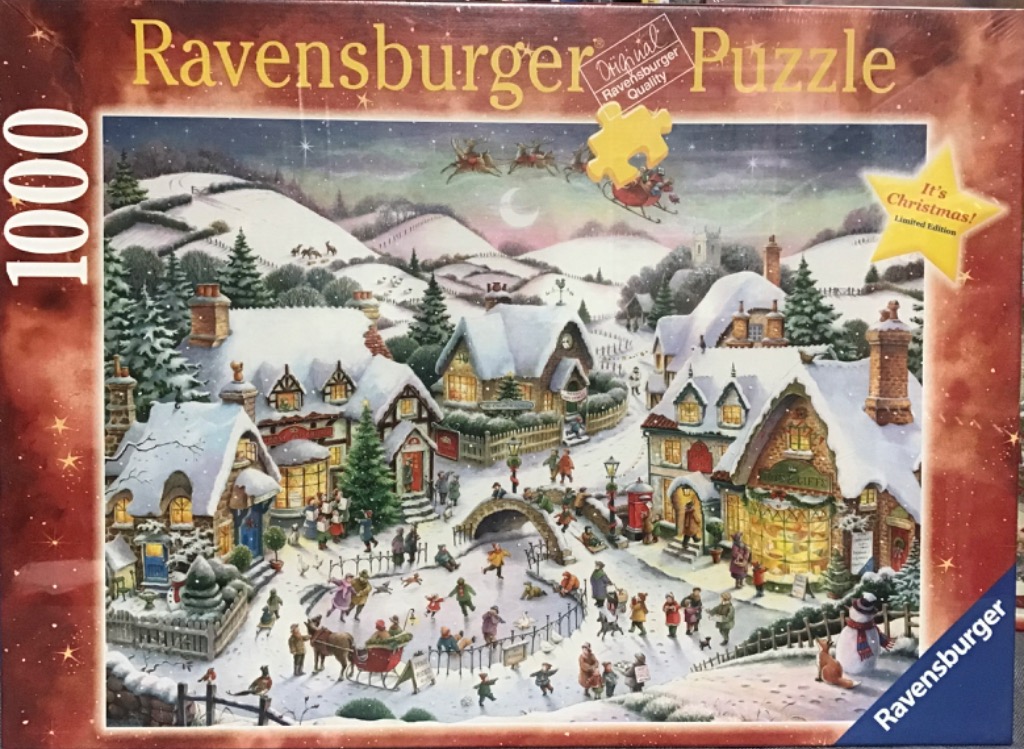 An illustration of a festive winter village scene with villagers skating on a frozen pond at dusk.