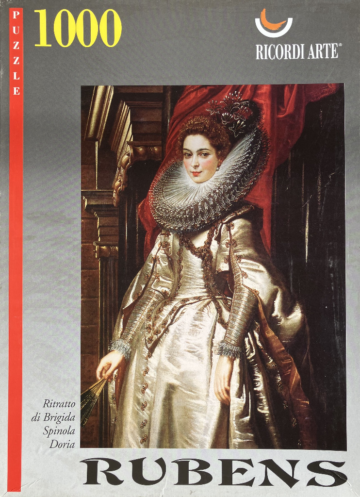 A formal portrait of Brigida Spinola Doria in a white gown and elaborate ruff collar, painted by Peter Paul Rubens.