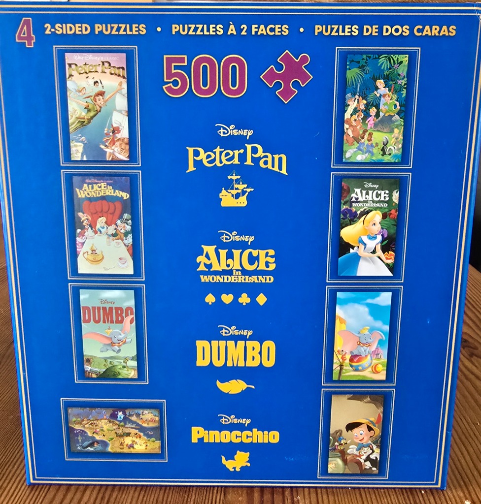 A blue collection board featuring movie posters and titles for Peter Pan, Alice in Wonderland, Dumbo, and Pinocchio.