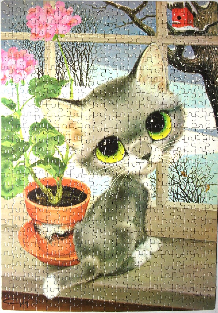 A whimsical illustration of a wide-eyed grey kitten sitting on a windowsill beside a potted pink geranium in winter.