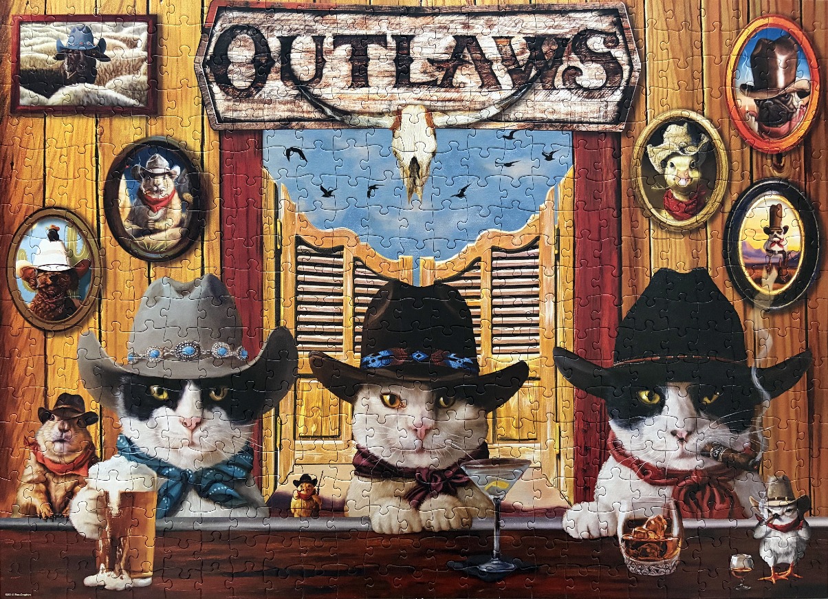 Three cats dressed as cowboys sitting at a saloon bar with animal portraits on the wall.