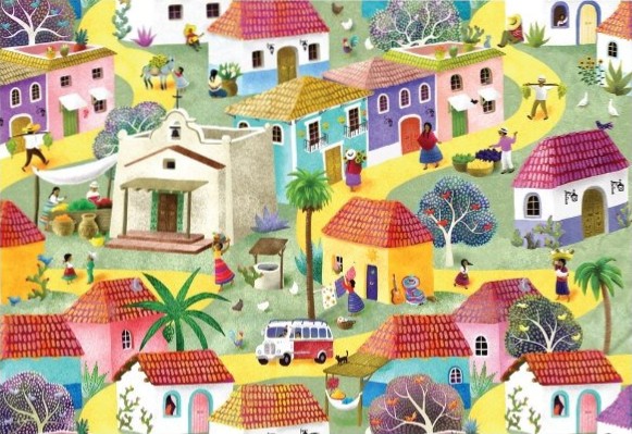 A whimsical illustration of a brightly colored, sun-drenched village filled with people, animals, and houses.