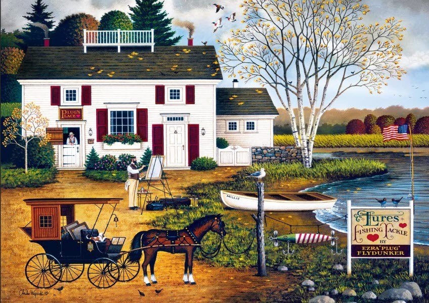 A countryside scene featuring a white building with red shutters, a horse-drawn carriage, and a fishing-themed shop sign.