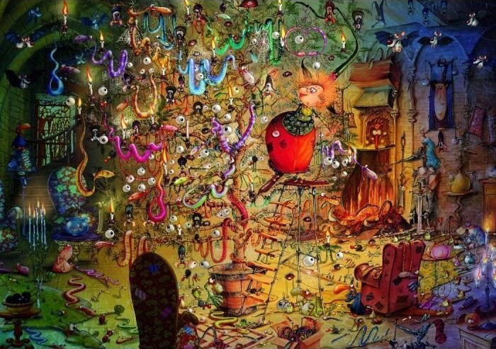 A whimsical illustration of a quirky witch decorating a magical tree with eyeballs in a cluttered room.